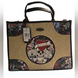Ed Hardy Straw/Woven Tote Bag Rhinestones  Crossbody Strap Love Kills Slowly